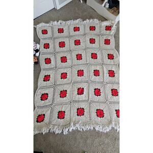 Big Handmade Crochet Granny Afghan Blanket Rose Flower White, 60x76